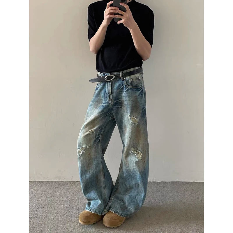 Riolio Blue Men's Jeans High Waist Vintage 90s Straight Y2K Summer Denim Pants Ripped Streetwear American Wide Leg Baggy Denim Trouser
