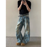 Riolio Blue Men's Jeans High Waist Vintage 90s Straight Y2K Summer Denim Pants Ripped Streetwear American Wide Leg Baggy Denim Trouser