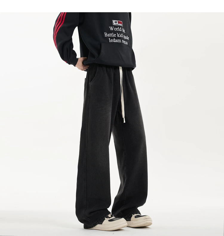 Riolio New Men's Jeans Washed Jeans Pants Unisex Drawstring Denim Pants Male Streetwear Korean Straight cylinder loose Cowboy Trousers