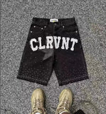 Riolio New Fashion Oversize Letter Embroidery Patch Baggy Denim Shorts Men Y2K Harajuku Vintage Casual Joker High Waist Wide Leg Shorts