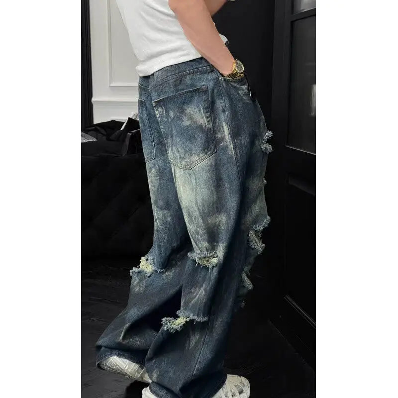 Riolio Mens Loose Fit Straight Leg Jeans Dark Blue Ripped Distressed Trendy Streetwear Fashion Casual Urban Denim Pants Hip Hop Style