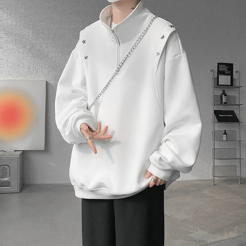 Riolio Men hoodie  Stand Collar Half Zip Sweatshirt Star Shoulder Design New Fashion Casual Streetwear Comfort Athletic Pullover