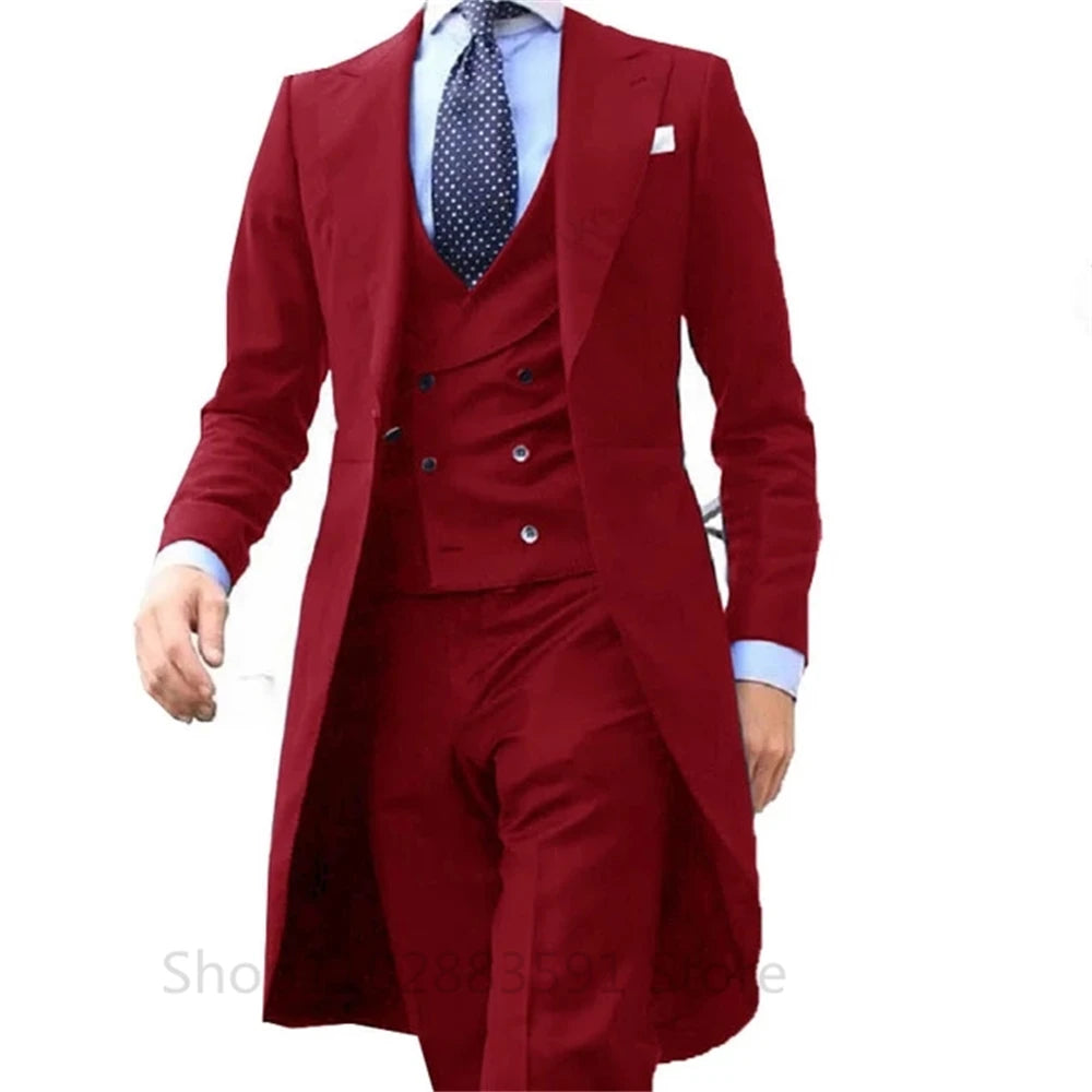 Riolio New Arrivel Long Coat Designs Chinese Red Men Suit Gentle mens Tuxedo Prom Blazer Custom 3 Pieces (Jacket+vest+Pants)
