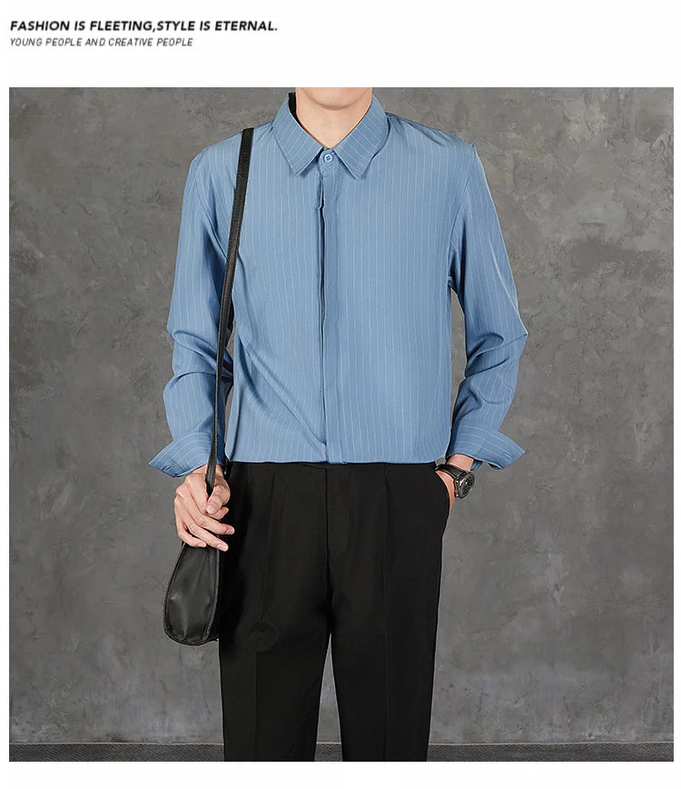 Riolio  New Naples Business Men Shirts Light Luxury Textured Lapel Striped Long Sleeve Cardigan Leisure Premium Commuter Blouse S-4XL