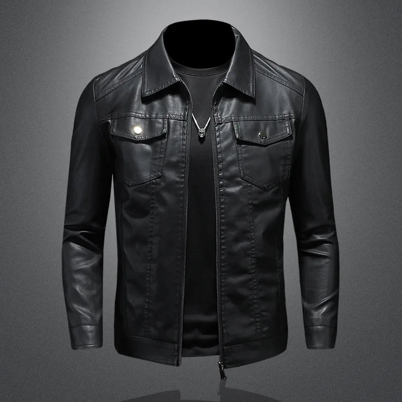 Riolio Men's lapel leather jacket autumn oversized slim motorcycle riding suit winter thickened PU leather waterproof work clothes
