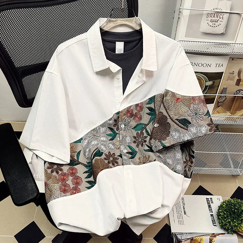 Riolio Summer Embroidered Shirts Men Fashion Casual Flower Shirts Mens Japanese Streetwear Loose Short Sleeve Shirts Men Plus Size