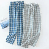 Riolio Men's Cotton Gauze Trousers Plaid Knitted Sleep Pants Woman Pajamas Pants Bottoms Sleepwear Short for Couples Pijama Hombre