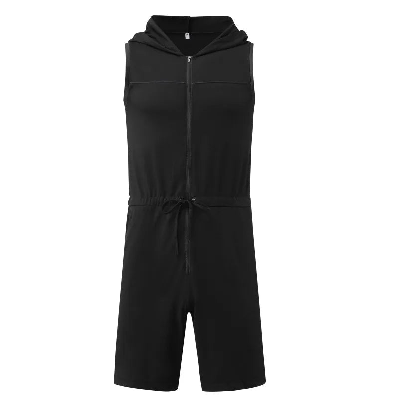 Riolio Men Short Jumpsuit Tight Sleeveless Bodysuit Zipper Hooded Rompers Short Pants Casual Home Wear Tracksuit Pajamas