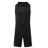 Riolio Men Short Jumpsuit Tight Sleeveless Bodysuit Zipper Hooded Rompers Short Pants Casual Home Wear Tracksuit Pajamas