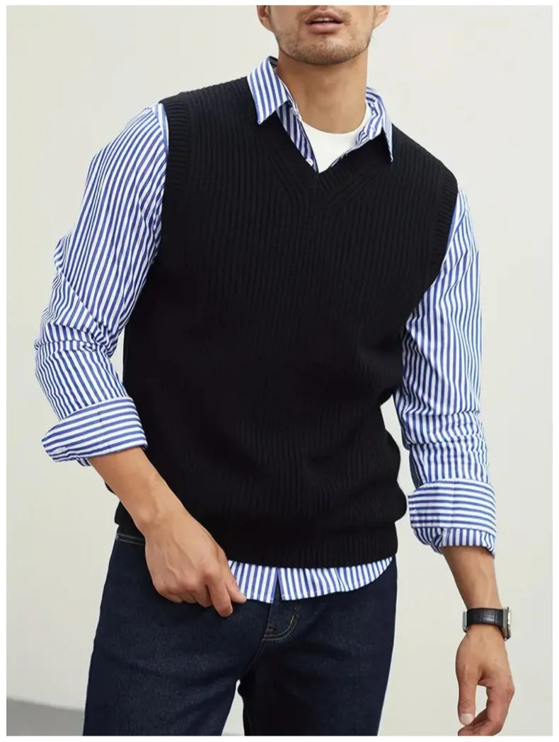 Riolio New Popular Preppy Style Men Sweater Vest Casual Knitted Streetwear Solid Color V Neck Waistcoat Leisure High Quality Knitwear