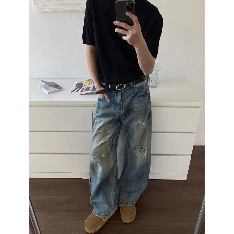 Riolio Blue Men's Jeans High Waist Vintage 90s Straight Y2K Summer Denim Pants Ripped Streetwear American Wide Leg Baggy Denim Trouser
