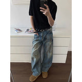 Riolio Blue Men's Jeans High Waist Vintage 90s Straight Y2K Summer Denim Pants Ripped Streetwear American Wide Leg Baggy Denim Trouser