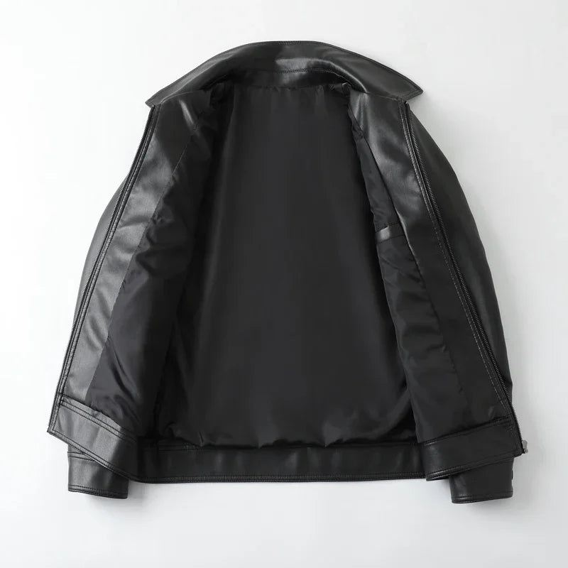 Riolio Windproof Stand Collar Zipper Cardigan Leather Jacket Motorcycle Leather Coat PU Leather Business Leather Jackets Men's Fashion