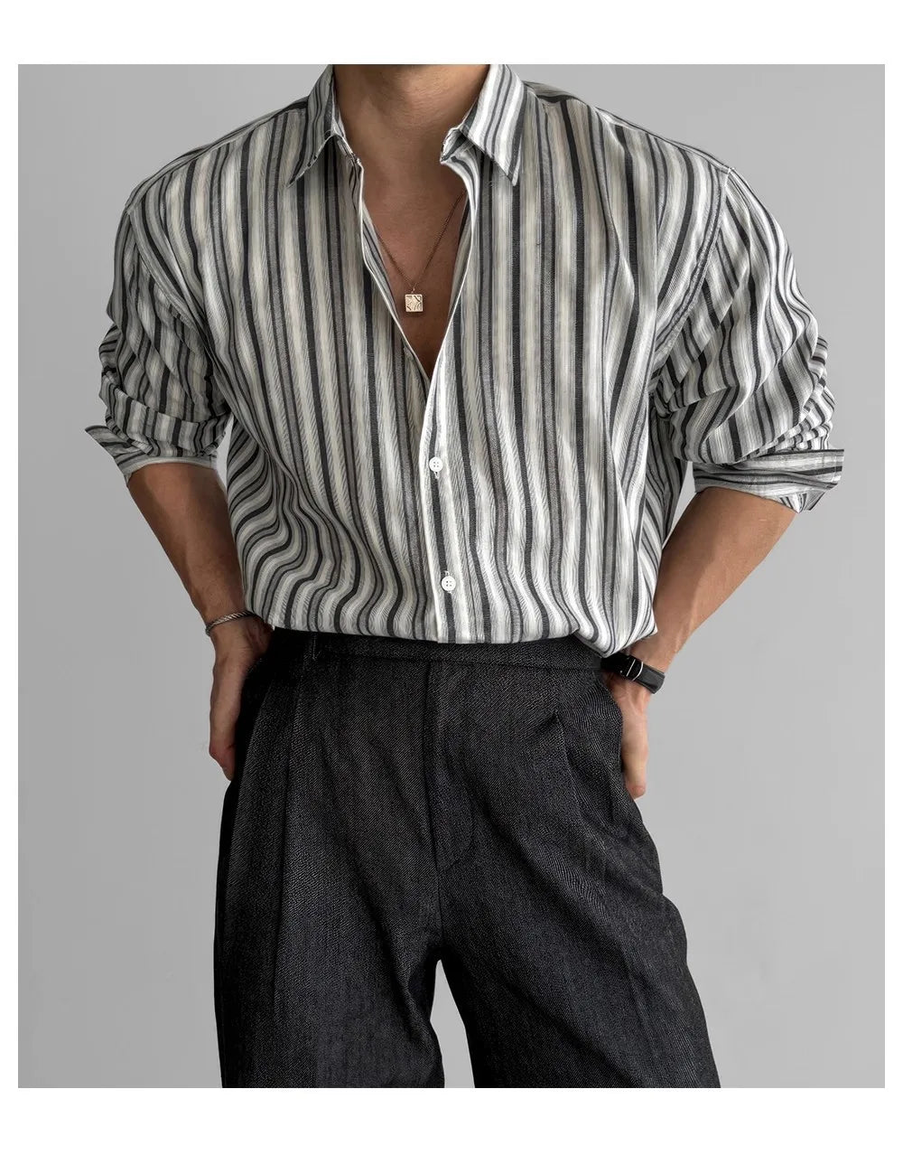 Riolio New Naples Business Men Shirts Light Luxury Textured Lapel Striped Long Sleeve Cardigan Leisure Premium Commuter Blouse M-2XL