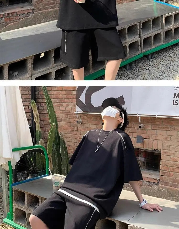 Riolio American Heavy Double Zipper Sports Suit Men's Summer Trendy Design Handsome Short-sleeved Shorts Casual Two-piece Set Urban