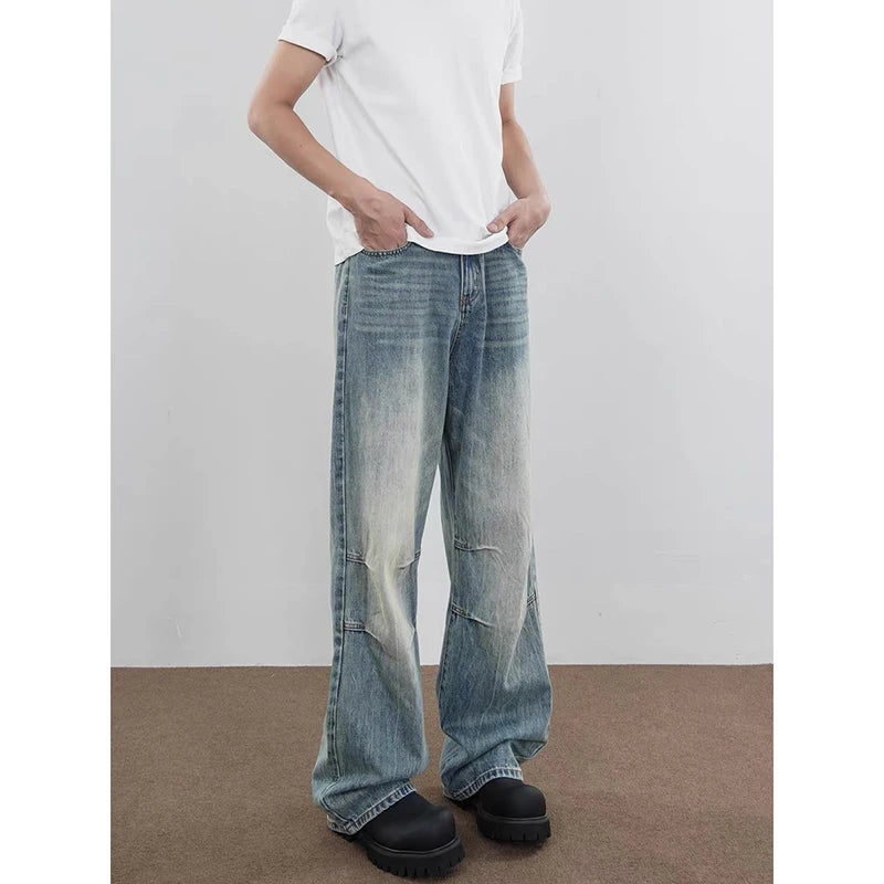 Riolio Blue Men Jeans High Waist Vintage 2000s Straight Baggy Denim Pants Streetwear Y2K American Style Fashion Wide Leg Denim Trouser
