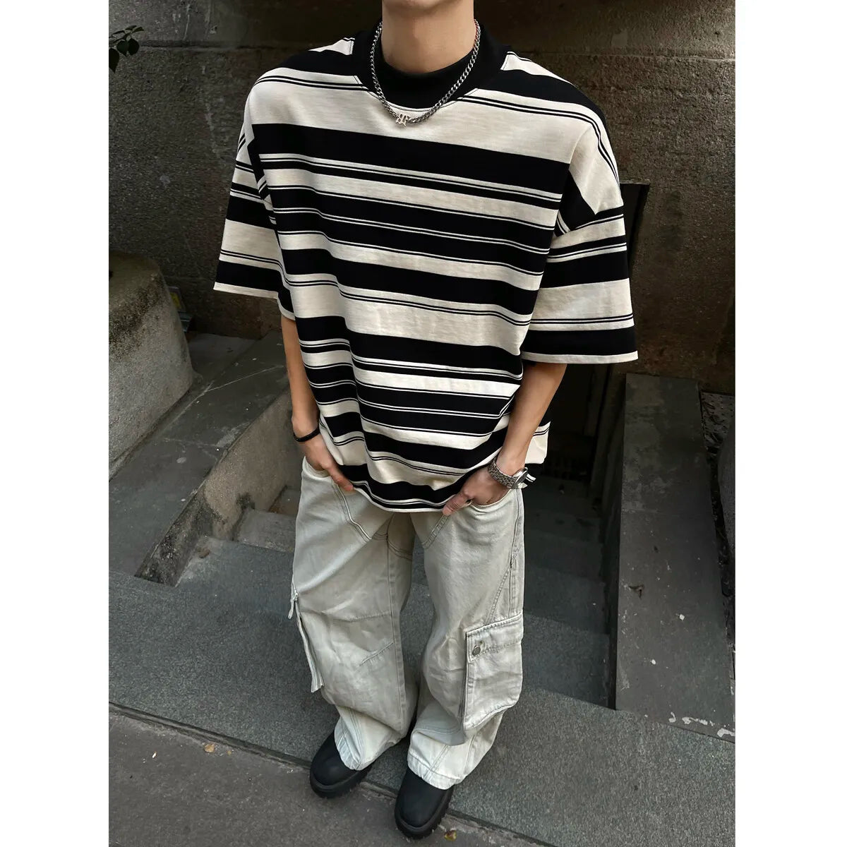 Riolio Men Black White Stripe Tshirt Man Loose Fit O Neck Casual Streetwear Fashion Soft Cotton Relaxed Summer Tee Shirt Striped Top