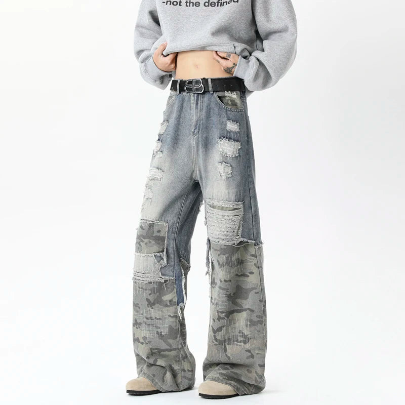 Riolio Camouflage Wide jeans men Ripped Patchwork New Mainstream Hip Hop Skateboard Men Women Streetwear High Street Super Loose Jeans