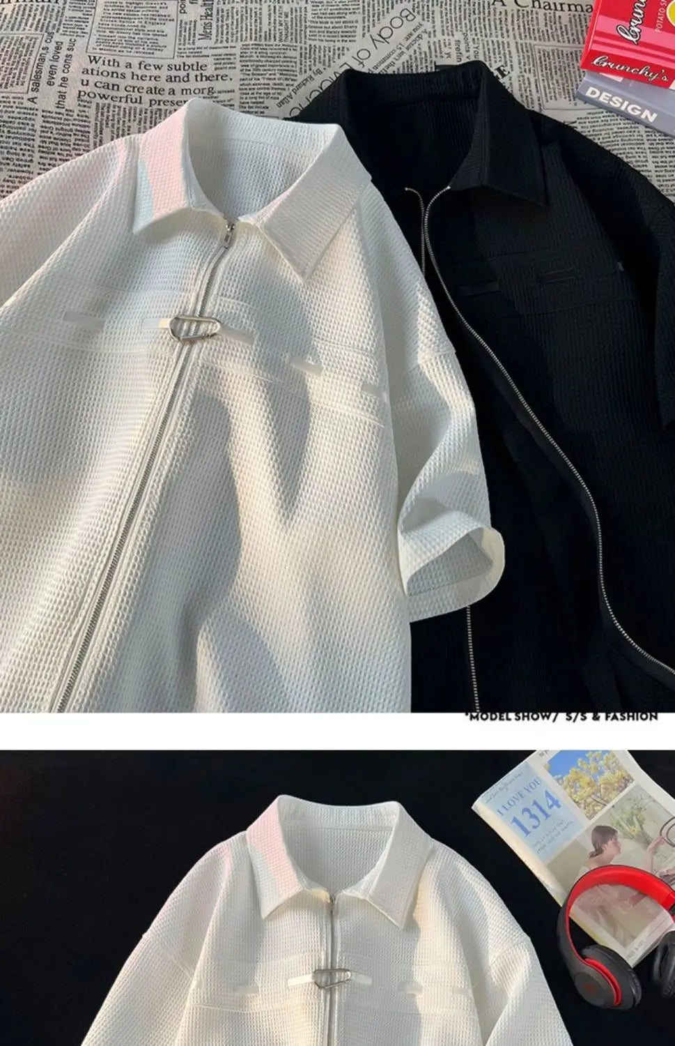 Riolio Niche Design Zipper Shirt Men's Short-sleeved Summer 2025 New Waffle High-end Casual Shirt Hip Hop Unisex Zipper Blouse