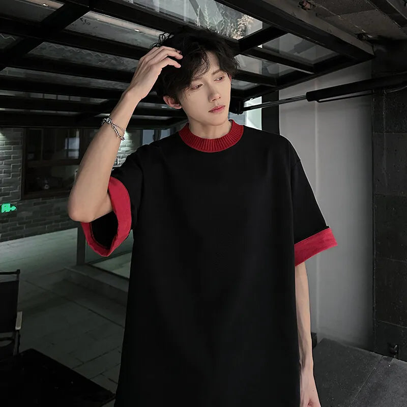 Riolio Men Loose Fit Round Neck Contrast Collar Tshirt Trendy Streetwear Casual Comfort Top Unique Style Summer Fashion Daily Wear