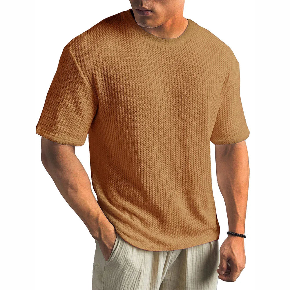 Riolio Mens Waffle Casual Breathable T-Shirt Summer New Fashion American Streetwear Simple Versatile Solid Color Top Unisex