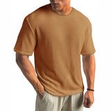 Riolio Mens Waffle Casual Breathable T-Shirt Summer New Fashion American Streetwear Simple Versatile Solid Color Top Unisex