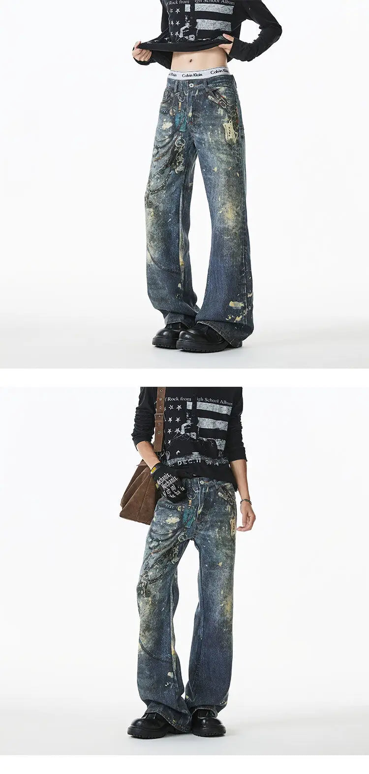 Riolio Jean Men Unique Design Graffiti Street Style Drag Jeans Urban Trendy Fashion Distressed Long Fit Casual Denim Pants Edgy Hip Hop