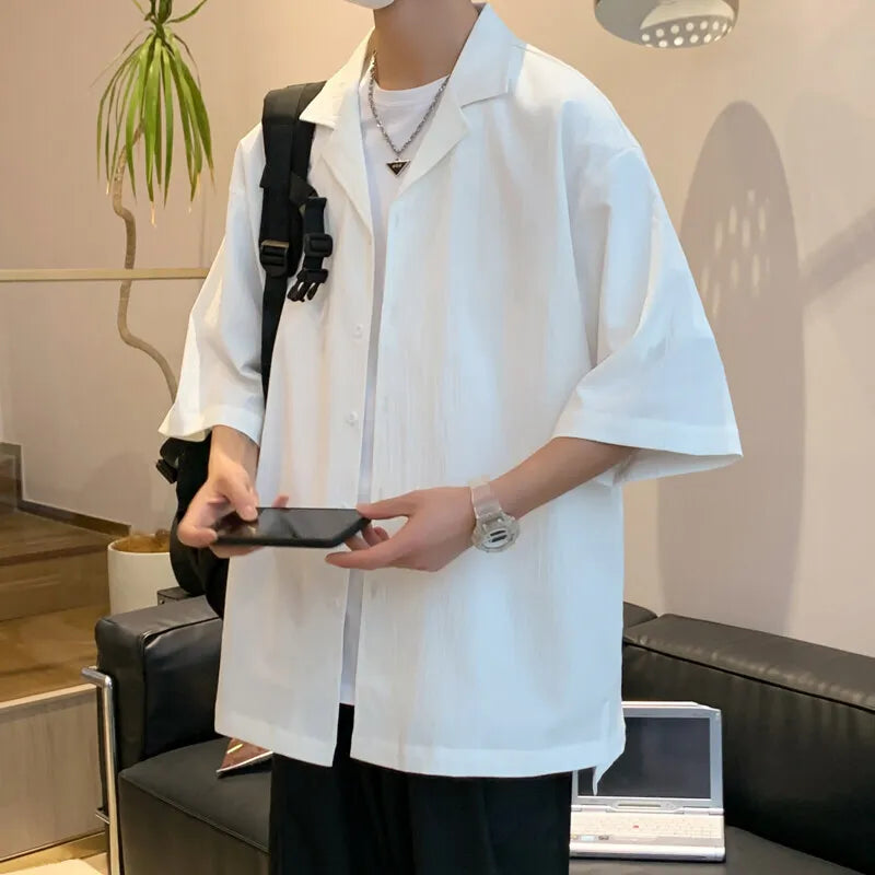 Riolio Summer Short Sleeved Shirt Men Fashion Casual Shirt Men Streetwear Korean Loose Ice Silk White Shirt Mens Large Size 5XL