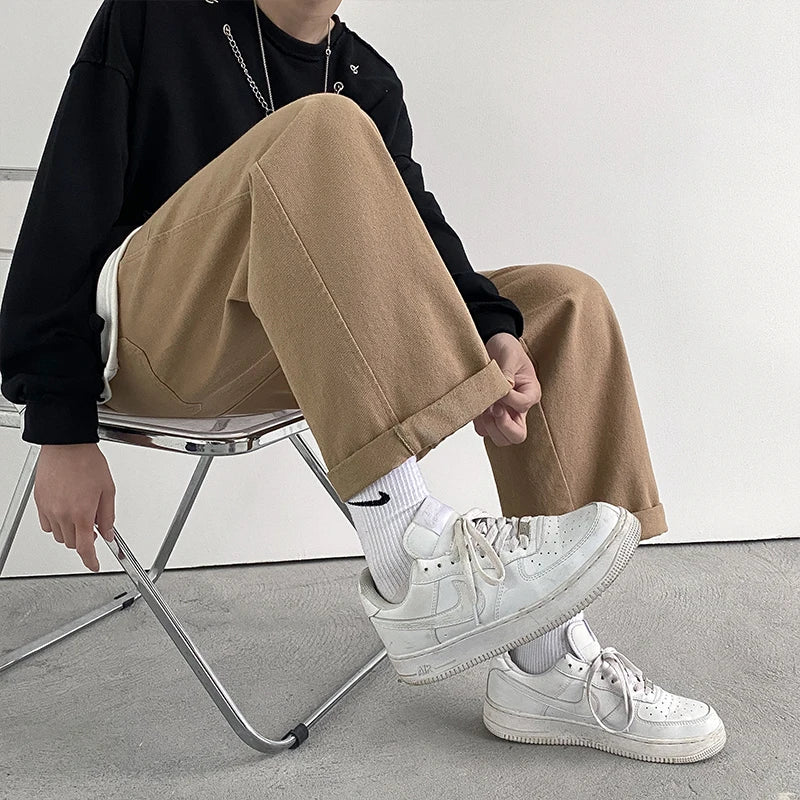 Riolio Cotton Casual Pants Men Oversized Wide Leg Pants Men Japanese Streetwear Hip-hop Loose Straight Pants Men Beige Trousers S-2XL