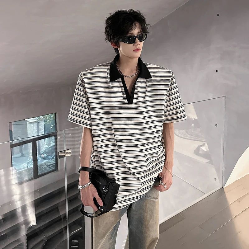 Riolio Men Loose Fit Striped Polo Shirt Casual Fashion Collar T-Shirt man Breathable Streetwear Summer Top Tee Trendy Mens Clothing