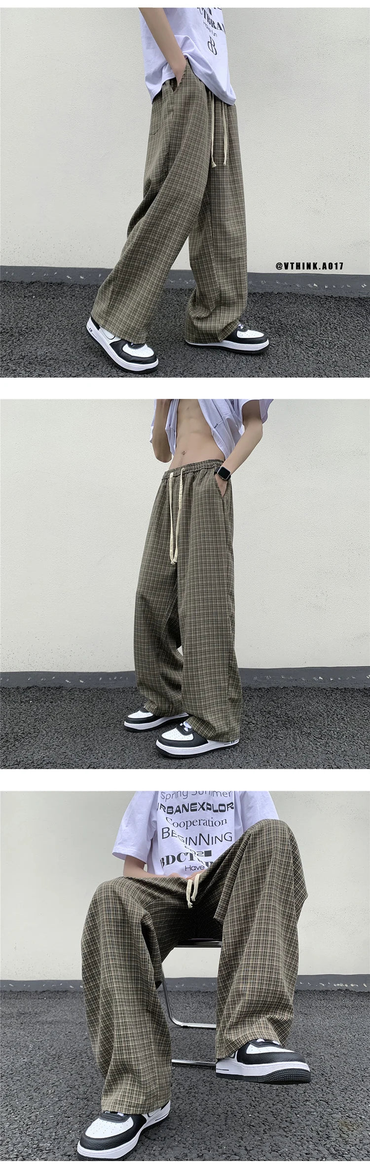 Riolio Summer/Autumn Plaid Pants Men Loose Casual Straight Trousers for Male/Female Harajuku Hip-hop Streetwear Wide-leg Mopping Pants