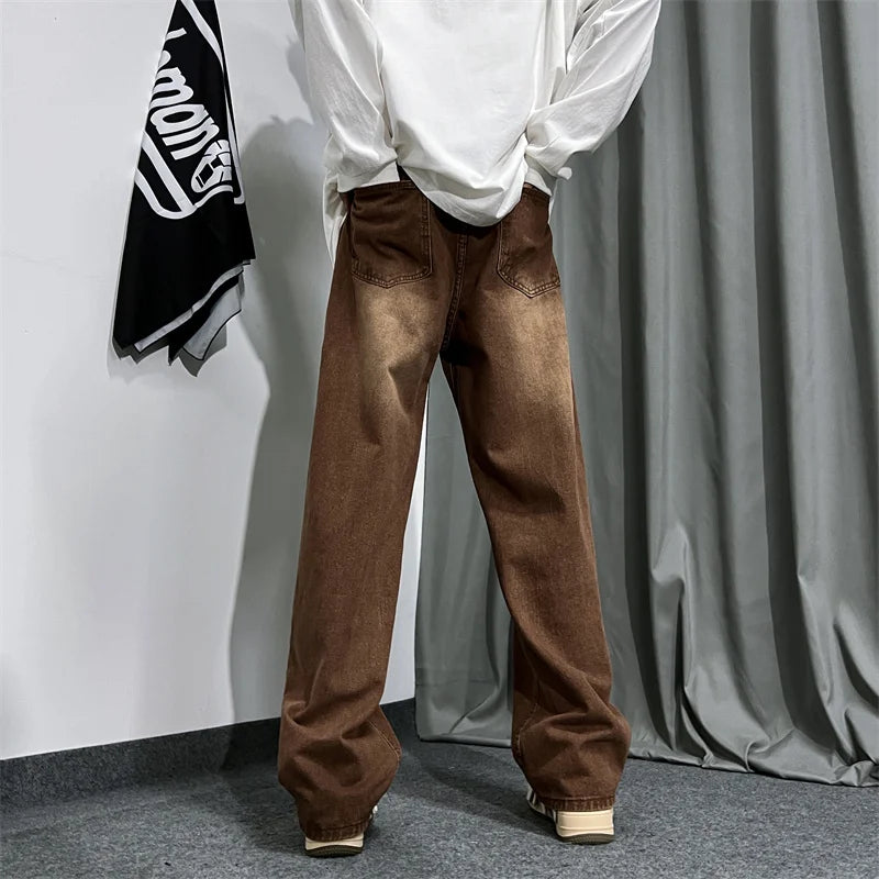 Riolio Brown Baggy Jeans Men Fashion Casual Vintage Jeans Men Streetwear Hip-hop Loose Straight Jeans Mens Retro Denim Trousers M-3XL