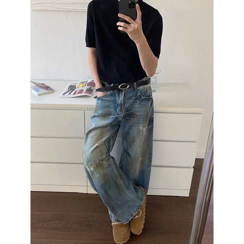 Riolio Blue Men's Jeans High Waist Vintage 90s Straight Y2K Summer Denim Pants Ripped Streetwear American Wide Leg Baggy Denim Trouser