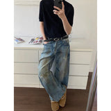 Riolio Blue Men's Jeans High Waist Vintage 90s Straight Y2K Summer Denim Pants Ripped Streetwear American Wide Leg Baggy Denim Trouser