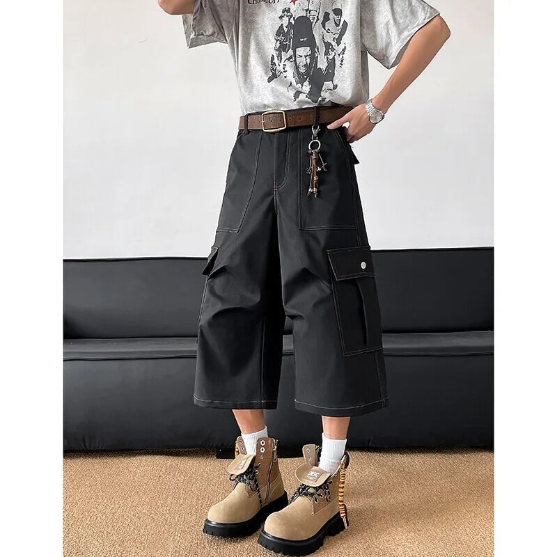 Riolio Summer Casual Pants Men Retro Pocket Cargo Pants Men Japanese Streetwear Hip-hop Loose Wide Leg Pants Mens Cropped Trousers