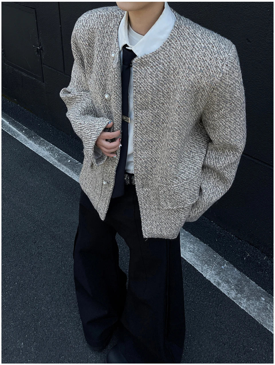 Riolio Male Elegant O-neck Blazer Coat High-end Shoulder Pad Collarless Jacket American Autumn Button Short Suit Jacket Handsome Top