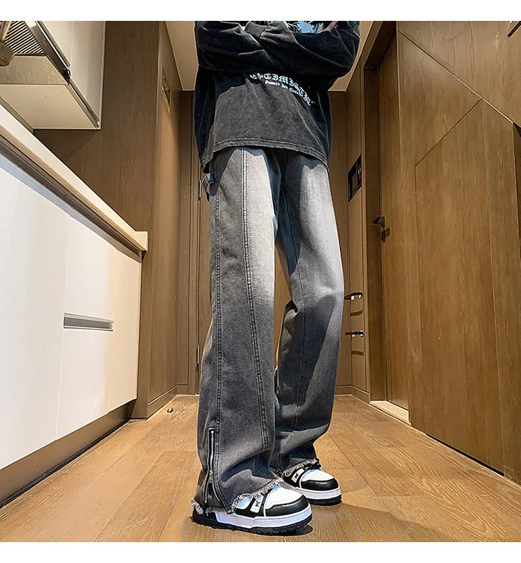 Riolio Men's jeans fashion Side Zipper Pants New Fashion men streetwear Jeans Loose Straight Denim Pant Mens  jeans homme hip hop