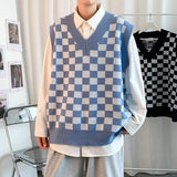 Riolio Men Knitted V Neck Japanese Vintage Loose Sleeveless Plaid Vests Chic Pullovers Chaleco Hombre Blue Checkerboard Sweater Vest