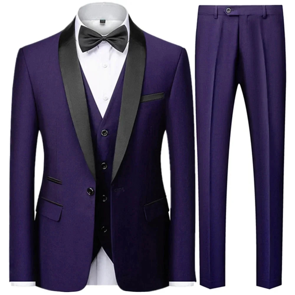 Riolio 3 Pieces Set Men's Business Blazers Coat / Male Slim Fit Color Matching Collar Suit Tuxedo Leisure Jacket Pants Vest Wedding