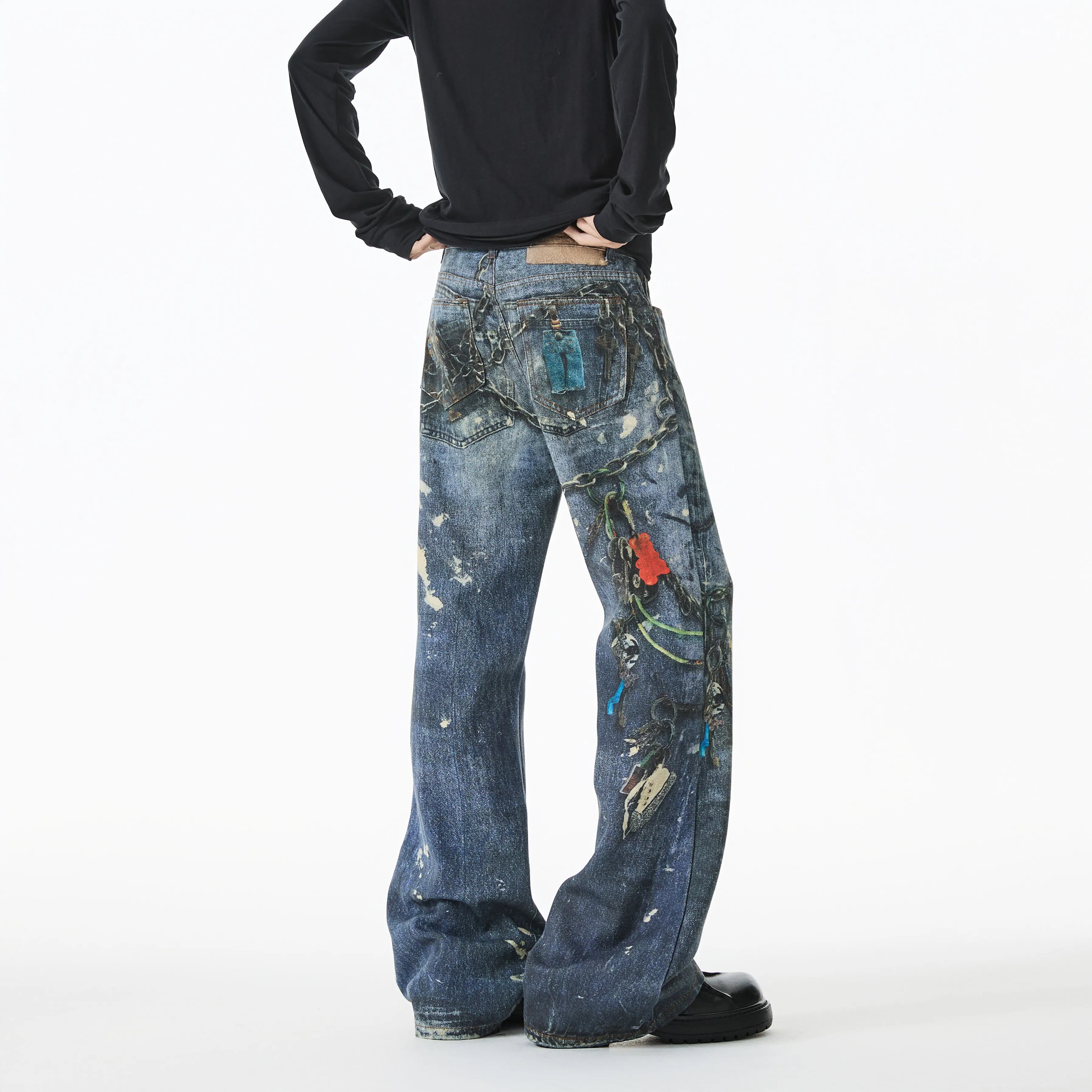 Riolio Jean Men Unique Design Graffiti Street Style Drag Jeans Urban Trendy Fashion Distressed Long Fit Casual Denim Pants Edgy Hip Hop