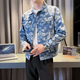 Riolio Fashion Floral Print Denim Jacket Men's Distressed Coat Streetwear slim fit Long Sleeve Jackets Korean Bomber Jeans Jacket