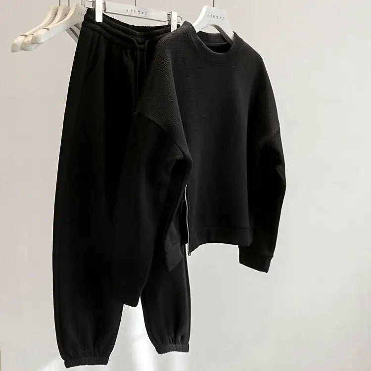 Riolio Korean Casual Sports Suit Large Size Plus Velvet Set Zipper Design Sports Sweatshirt Tying Trousers Casual Simple Two-piece Set