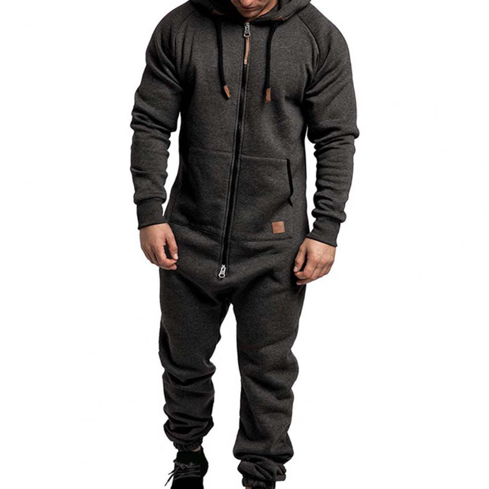 Riolio Mens Onesie Jumpsuit Pajamas Long Sleeve Sweatpants Pure Color Splicing Autumn Winter Casual Hoodie Male Zipper Jumpsuit