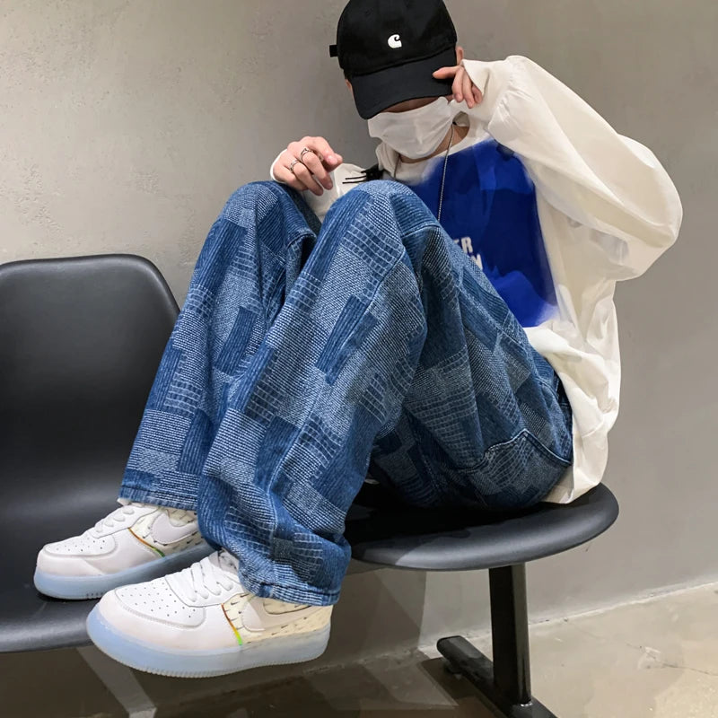 Riolio Blue Black Plaid Jeans Men Retro Casual Wide-leg Jeans Mens Streetwear Loose Hip-hop Straight Denim Trousers Men Vintage Jeans