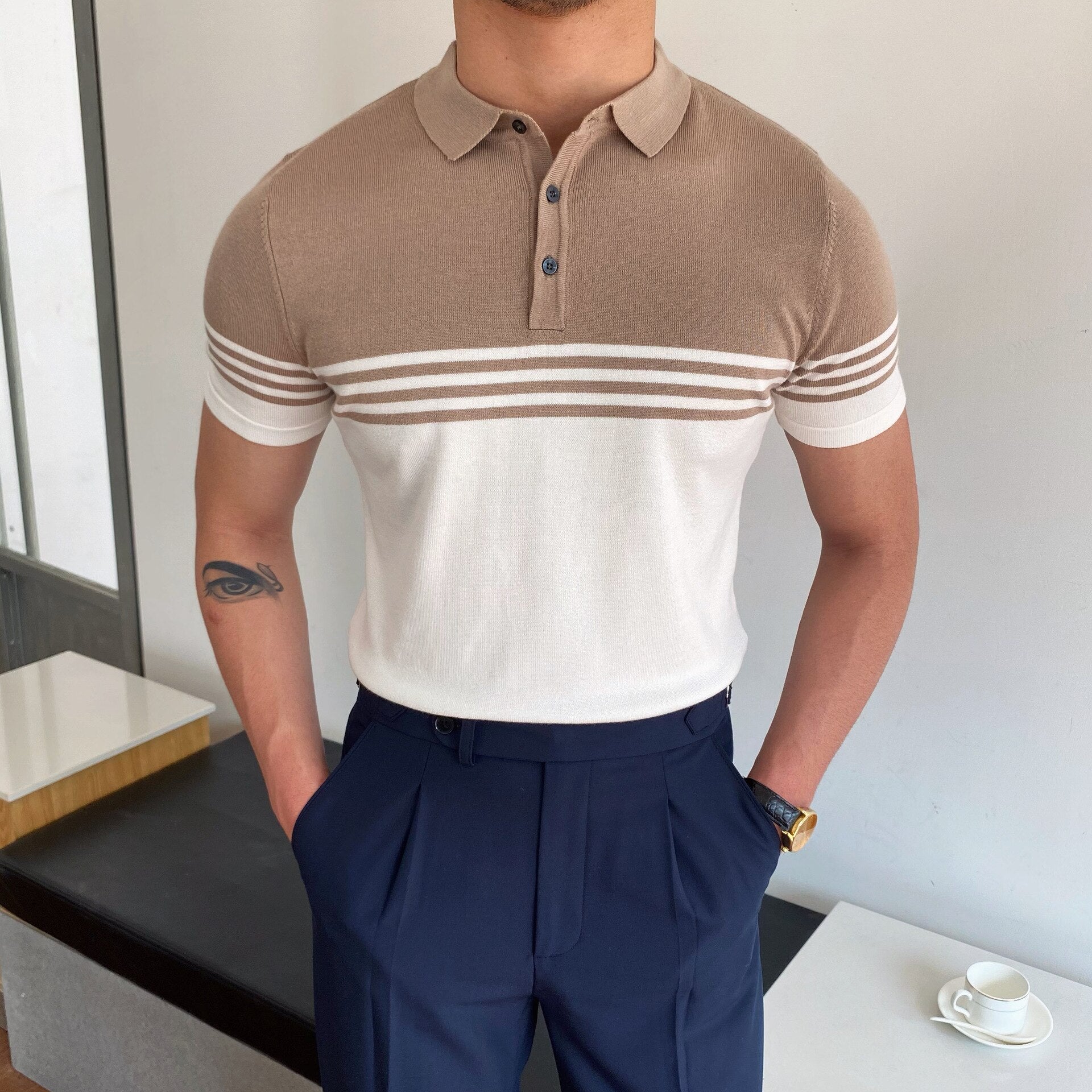 Riolio Spring Summer Knit Polo Shirt Men Casual Turn-down Collar Button Fashion Striped Solid Slim Tops Newest Ice Silk Cotton Knitwear