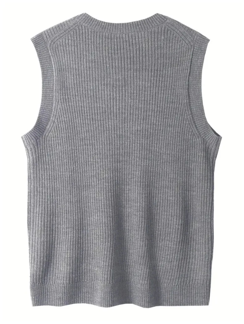 Riolio New Popular Preppy Style Men Sweater Vest Casual Knitted Streetwear Solid Color V Neck Waistcoat Leisure High Quality Knitwear