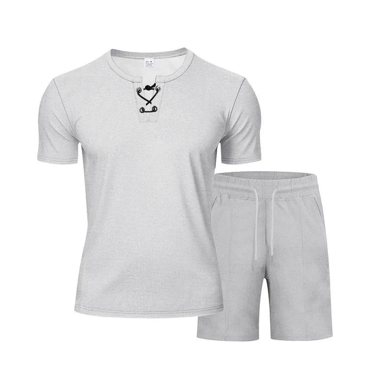 Riolio 2025 Summer Simplicity Men's Suit Loose Walf Checks Fabric Breathable Comfort and Casual Short Sleeve Shorts Two-Piece Suit