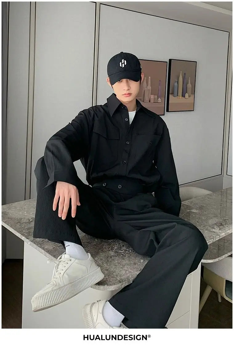 Riolio Men's Shirt Pants Set High-end Shirt Suit Trendy Spring Handsome Long-sleeved Top Loose Straight Trousers Two-piece Set
