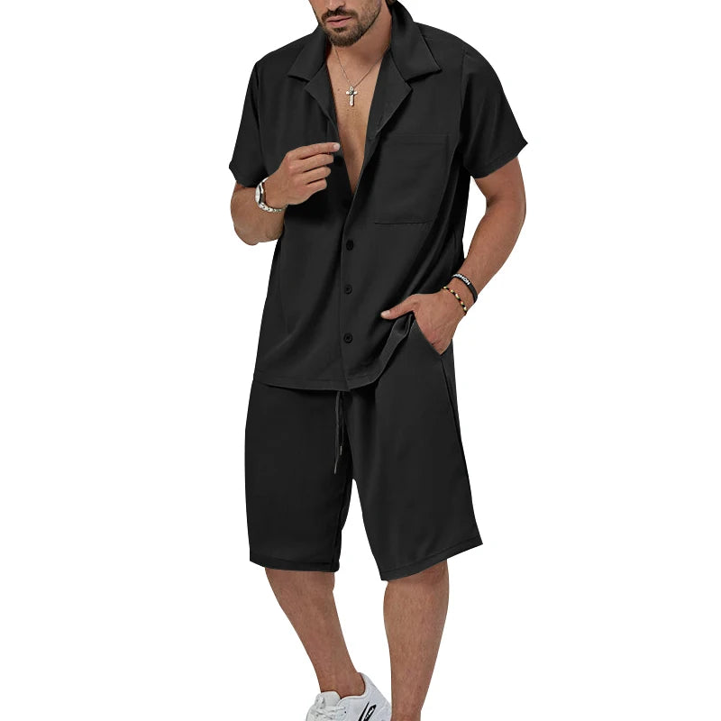 Riolio Summer Casual Men's Set Lightweight And Comfortable Men's Clothing Pocket Lapel Short-sleeved Shirt And Shorts Two-piece Suit