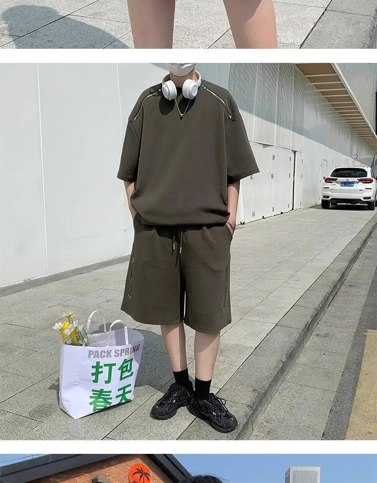 Riolio American Heavy Double Zipper Sports Suit Men's Summer Trendy Design Handsome Short-sleeved Shorts Casual Two-piece Set Urban